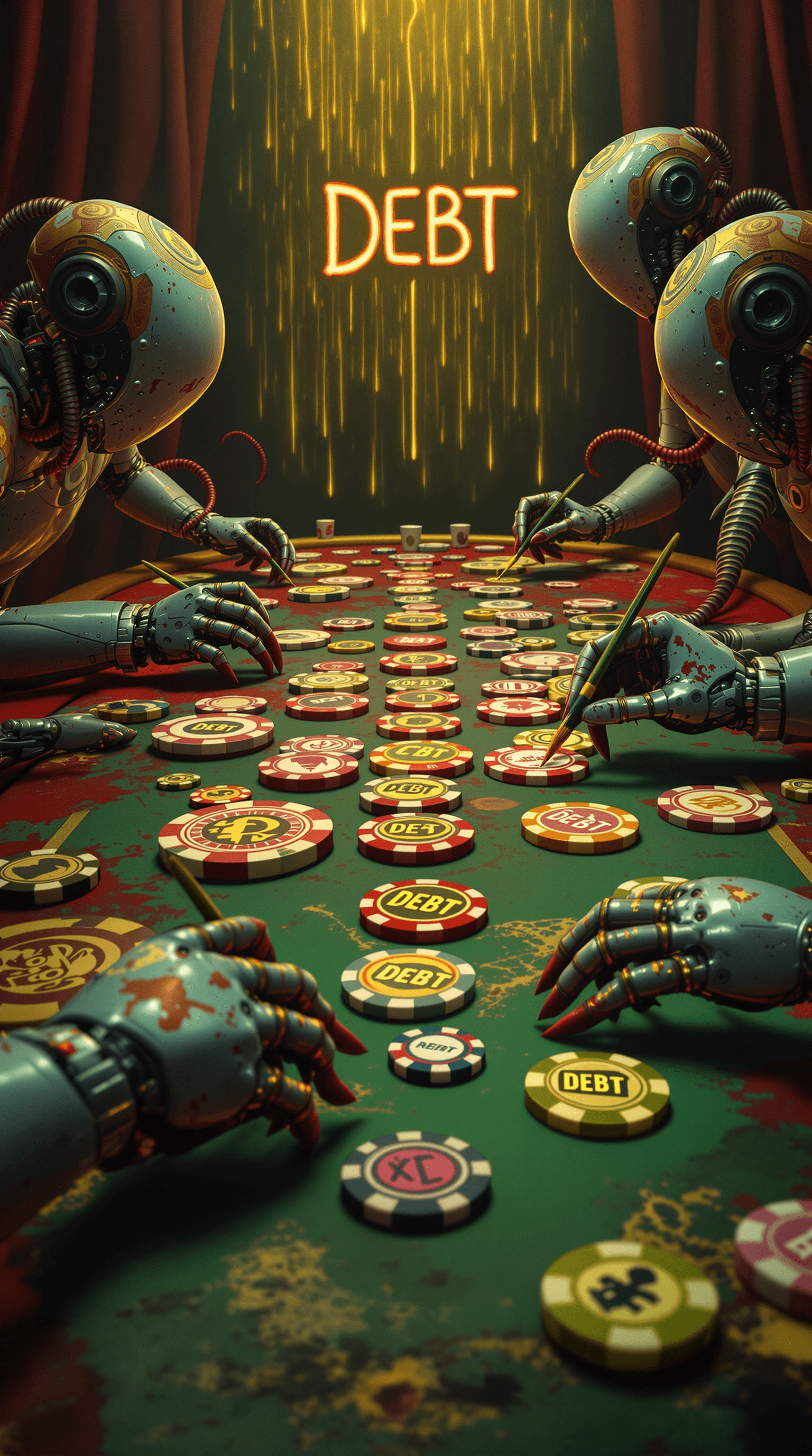 AI generated: A surreal scene of robotic dancers with tentacles intricately applying patterns to gaming chips, set...