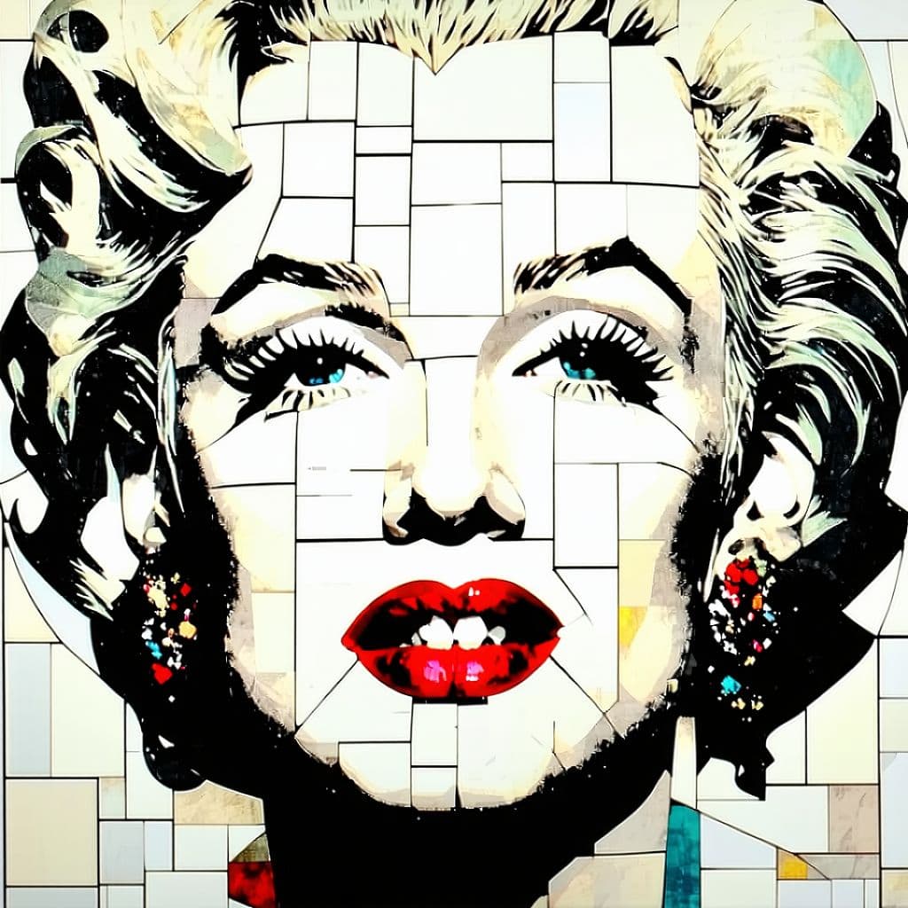 AI generated: illustration, art, Young Woman, face Like Marilyn Monroe, gaze, mosaic, mondrian, consisting random ...