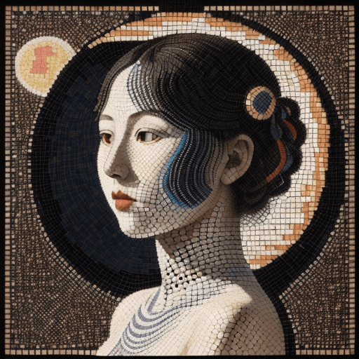 AI generated: fine detailed pointillism painting + low-angle view, female, young
 japan girl, colonne greche in de...
