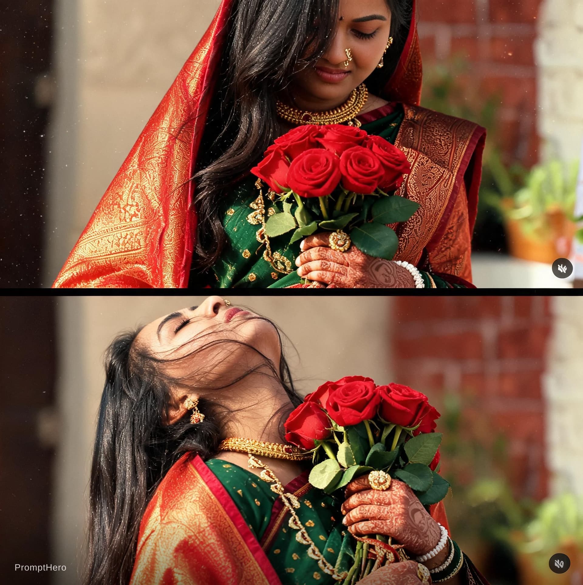 AI generated: the same woman holding them in her hands. The bottom frame is a close-up portrait of the same woman,...