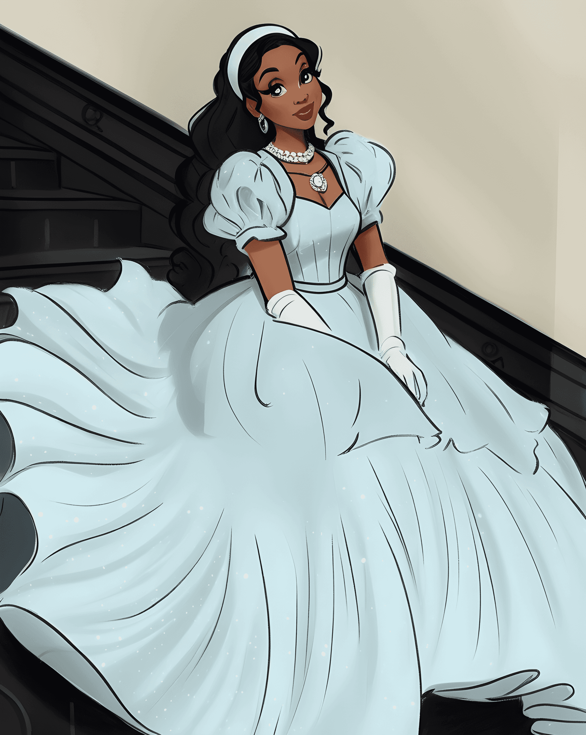 AI generated: a drawing of a woman in a blue dress, concept art, inspired by disney, tumblr, orisha, white royal d...