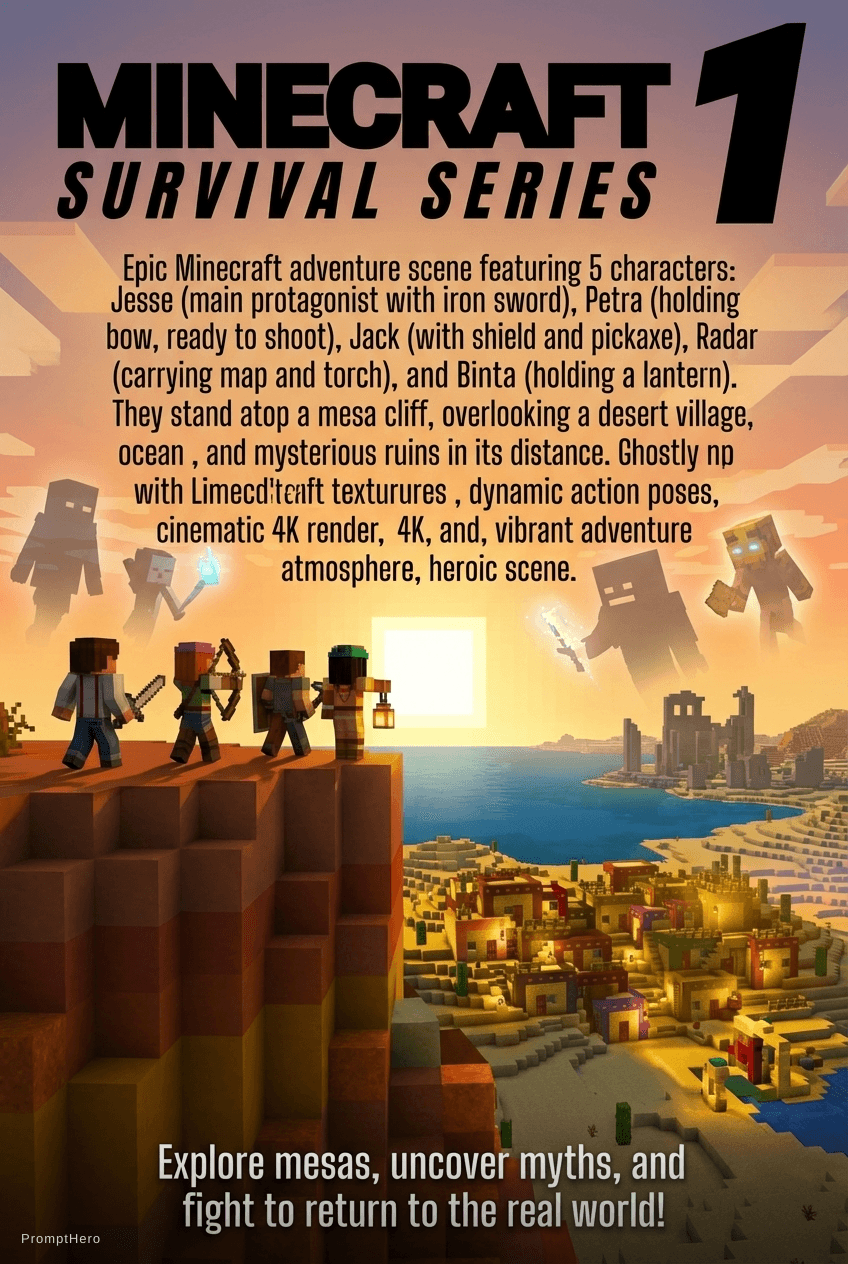 AI generated: Epic Minecraft adventure scene featuring 5 characters: Jesse (main protagonist with iron sword), Pet...