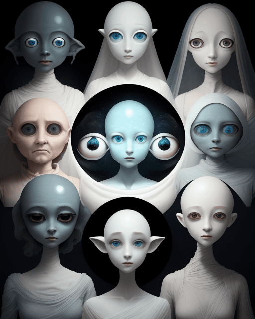 AI generated: a group of characters with their entire faces and heads resembling different planet and moons, compl...