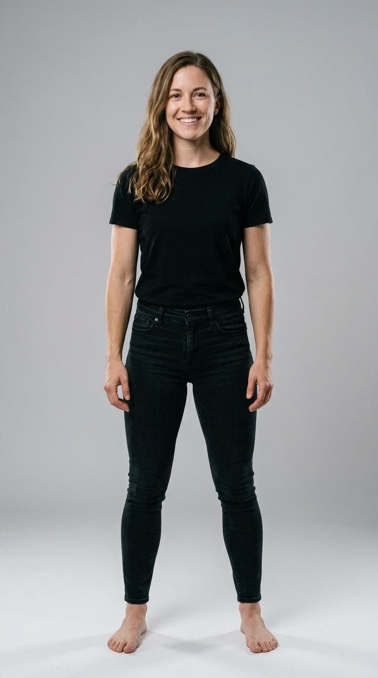 AI generated: give me a full body image of this woman, studio lighting, showing her frame. She's fit, about 5'4" w...