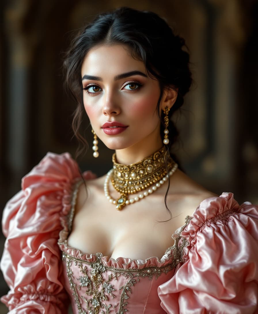 AI generated: Phone photo of an elegant woman in the style of ancient Italian court dress, posted on Snapchat. She...