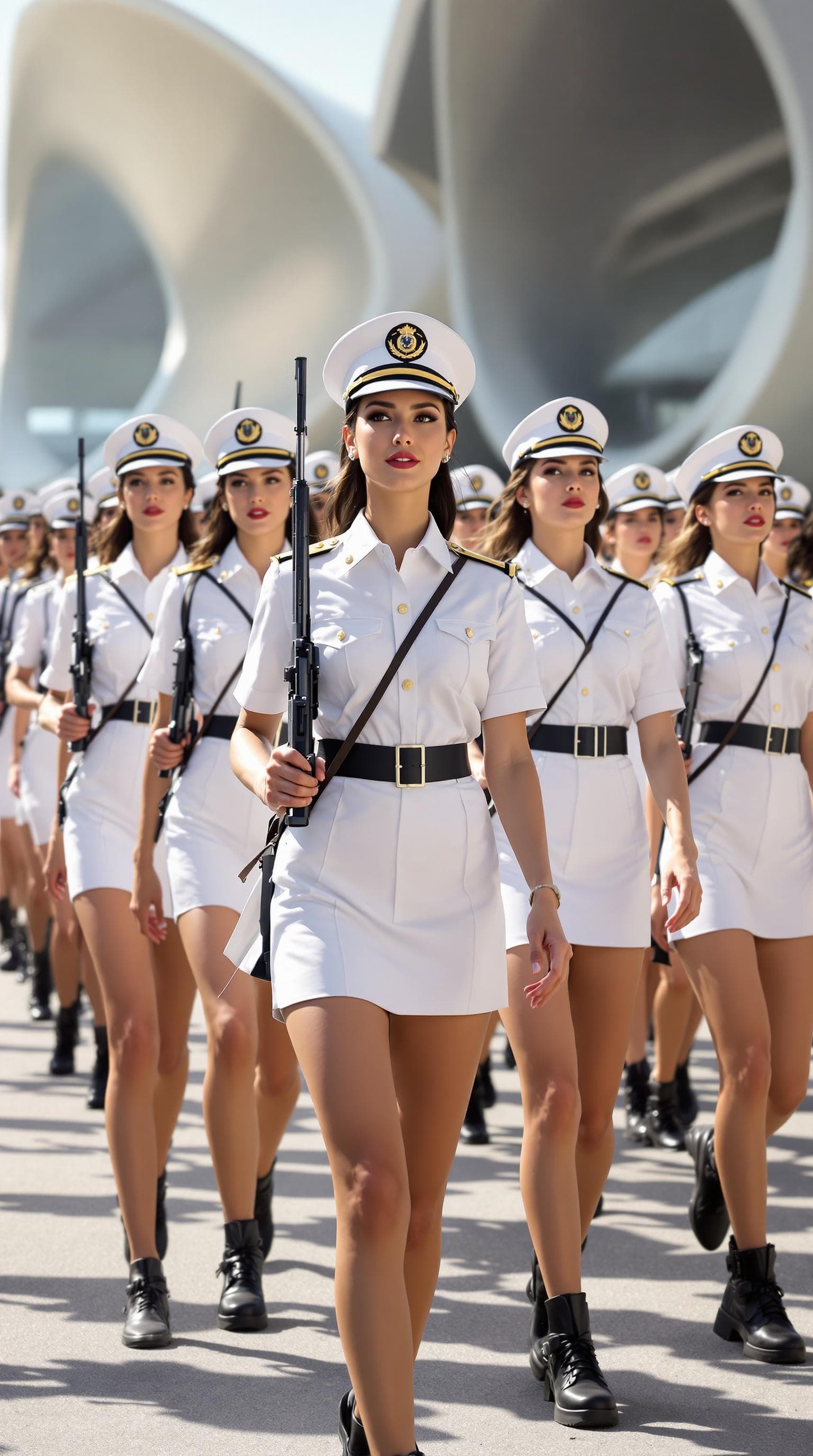 AI generated: A group of confident female soldiers marching in formation, wearing white military uniforms with sho...
