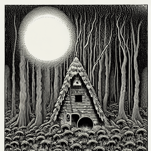 AI generated: a dark black and green mystic forest, with a house and a spring , many details, art by robert crumb,...