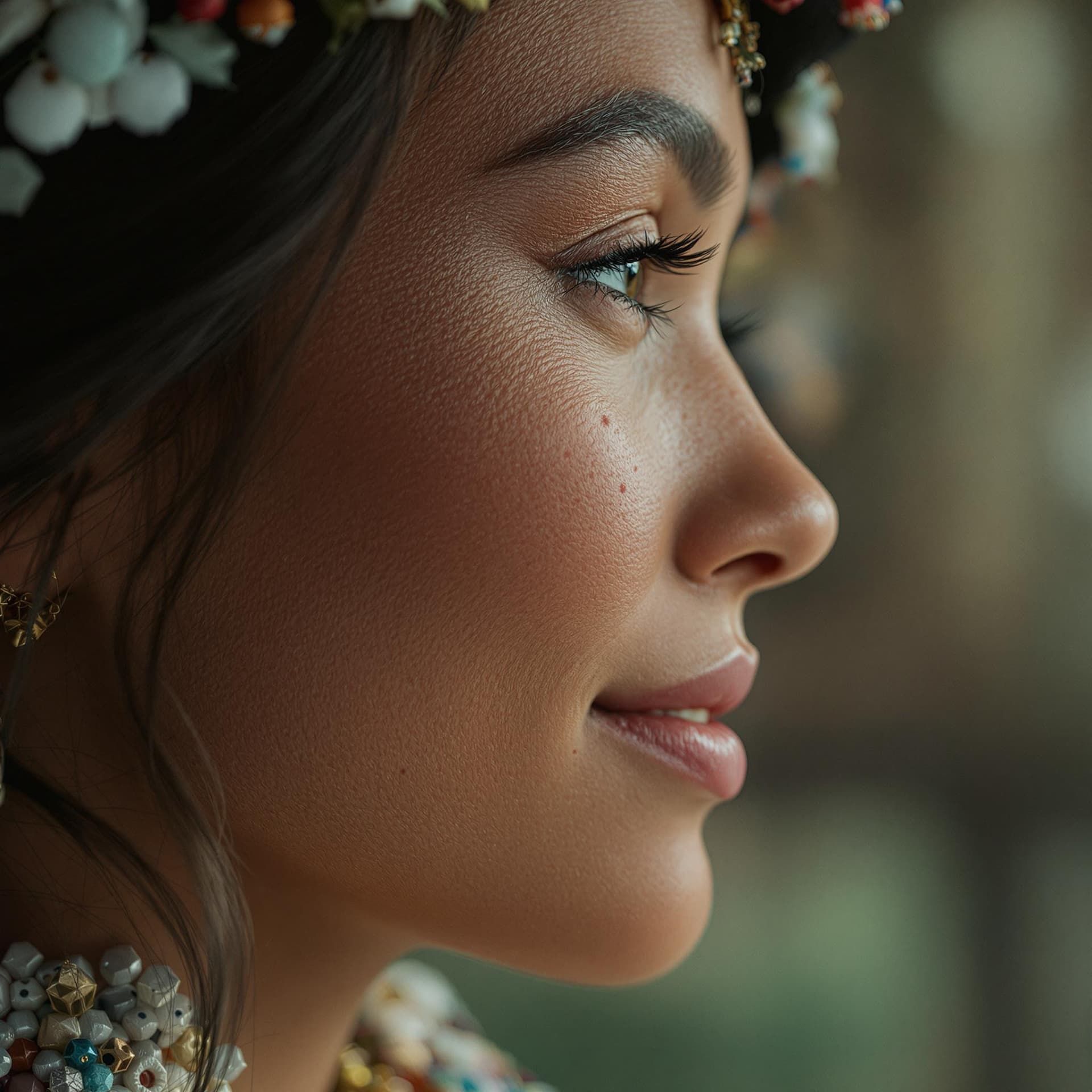 AI generated: hyper-realistic photograph, woman, a slight smile, side view looking away from the camera, close-up ...