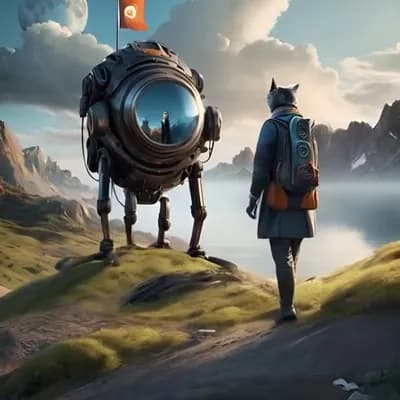 AI generated video:  el robot y el personaje andan , la luna gira y las nubes se mueven 