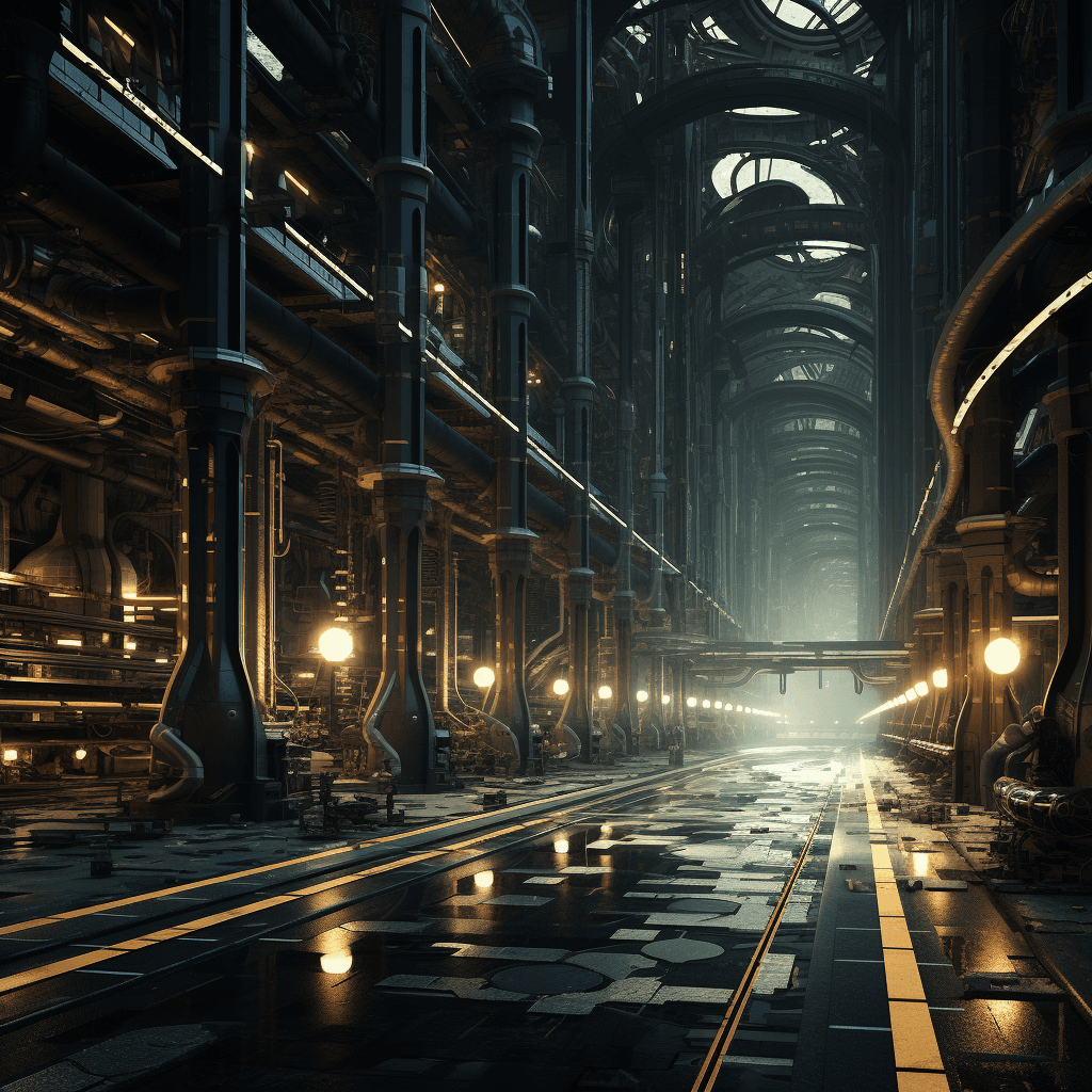 AI generated: hyperrealistic scene of many dark, mechanical, detailed technology,architecture, depth of field, len...