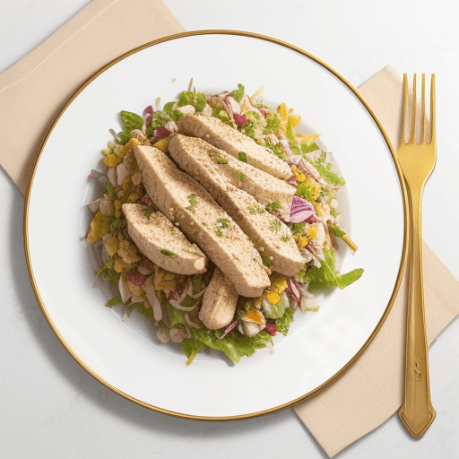AI generated: This is a plate of delicate color standing on the table, next to it lies a golden fork in a plate sa...