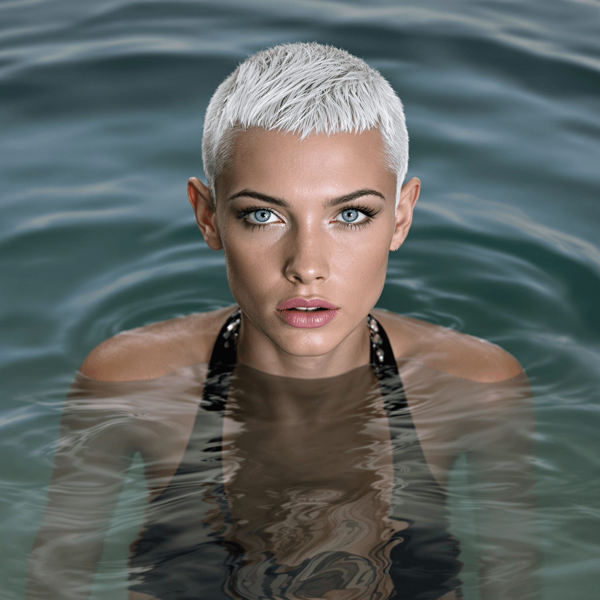 AI generated: A captivating, high-resolution photograph of a graceful, young, and slender woman with a striking wh...