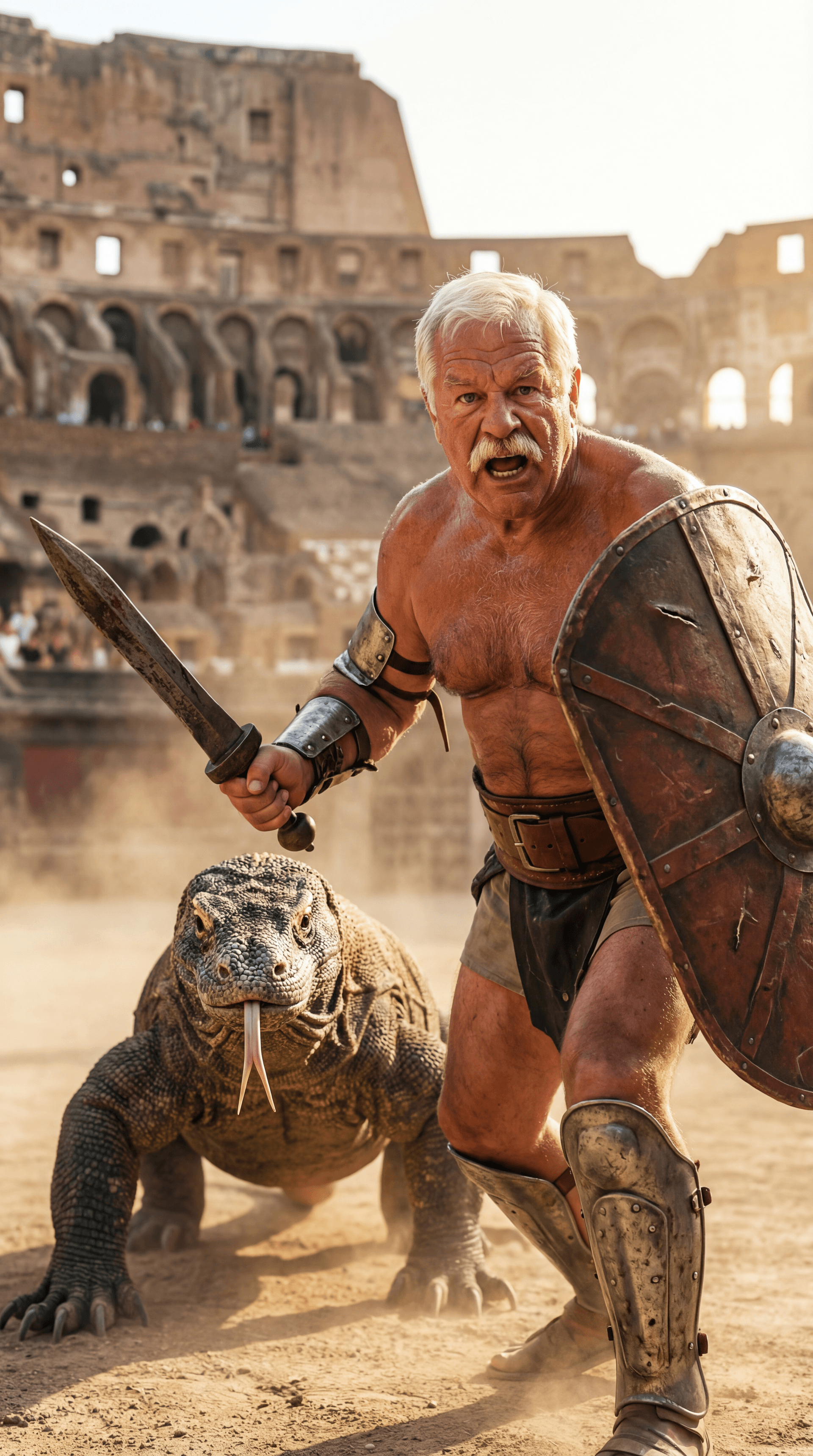 AI generated: Ultra-realistic documentary-style action photography inside the Roman Colosseum, bathed in warm gold...