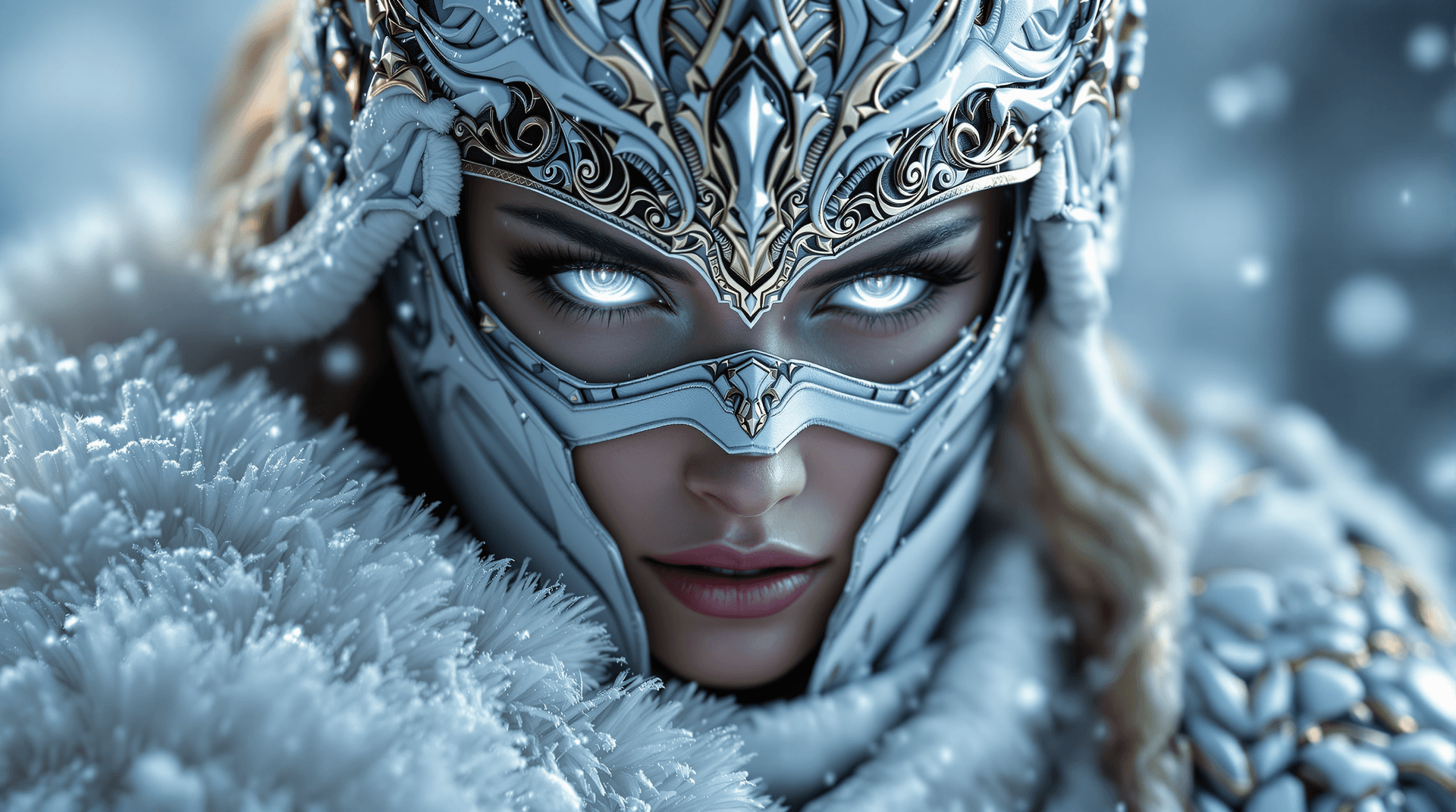 AI generated: Close-up portrait of a female warrior, wearing intricate white and gold ornate armor, featuring a ma...