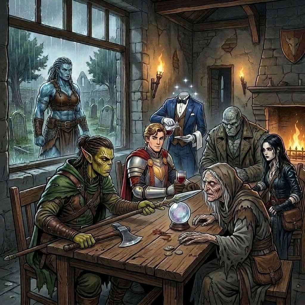 AI generated: a male githzerai fighter keeps an eye on an old blind hag and points his elven spear at her, as he s...