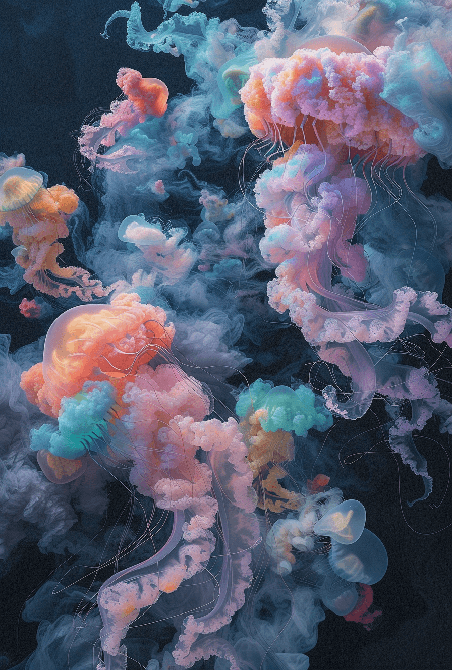 AI generated: a 3d painting of jellyfish with colorful fish and clouds, in the style of dark and chaotic, light bl...