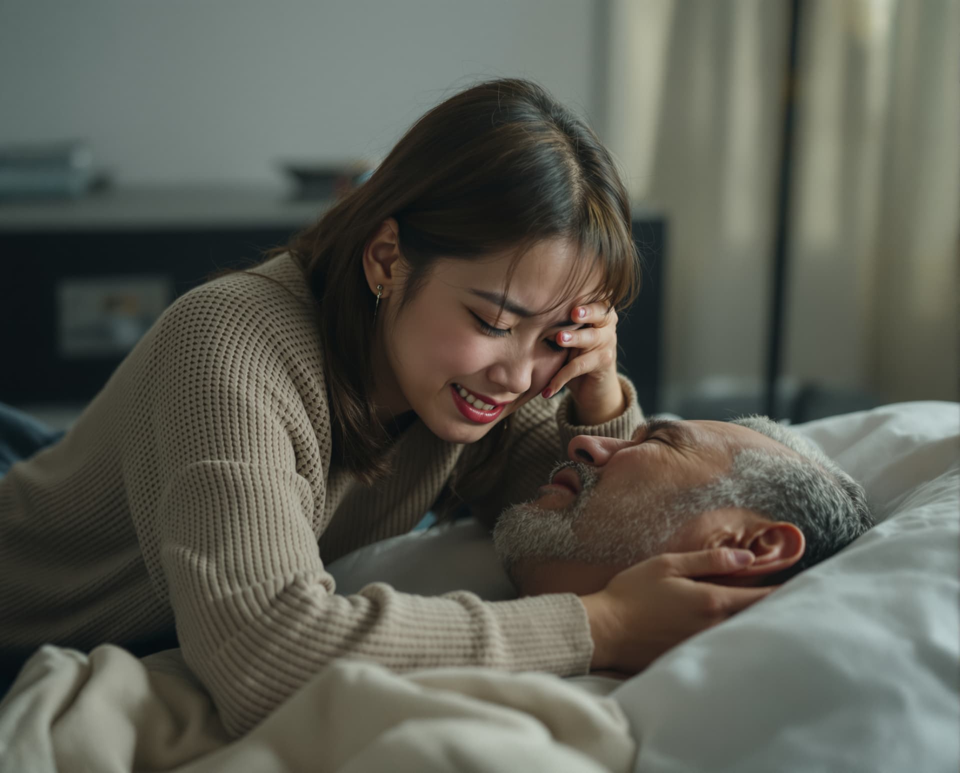 AI generated: A young Asian woman is crying over her deceased father.