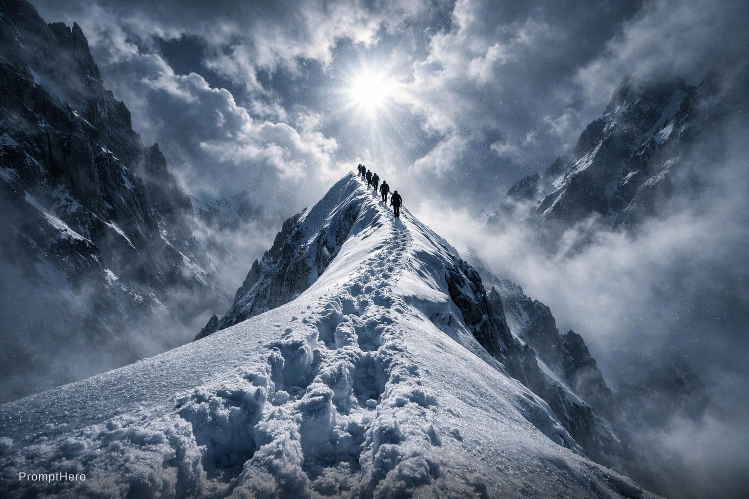 AI generated: AnoEar4 art style. Breathtaking cinematic wide-shot: a lone trail of climbers ascends a razor-thin, ...