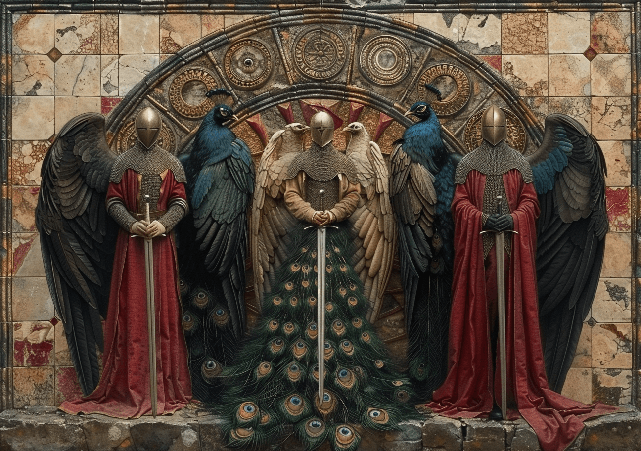 AI generated: knights and peacocks by rené gers de la corte, from 'the fairy tale' series, in the style of mechani...