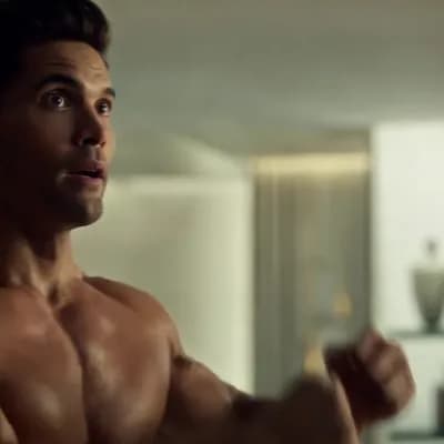 AI generated video: Arms out then double bicep flex, most muscular pose walking towards me