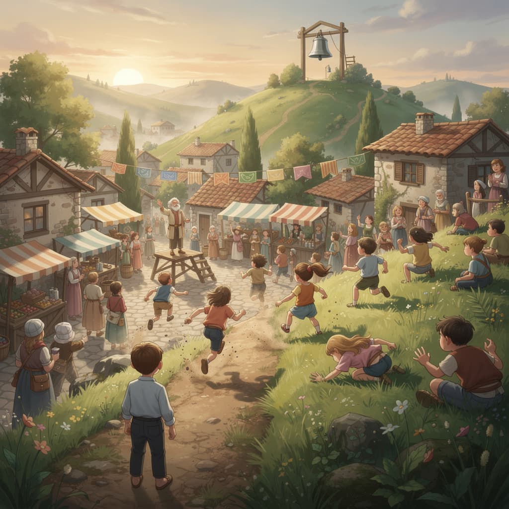 AI generated: A peaceful small village surrounded by rolling green hills at sunrise, soft golden light touching si...