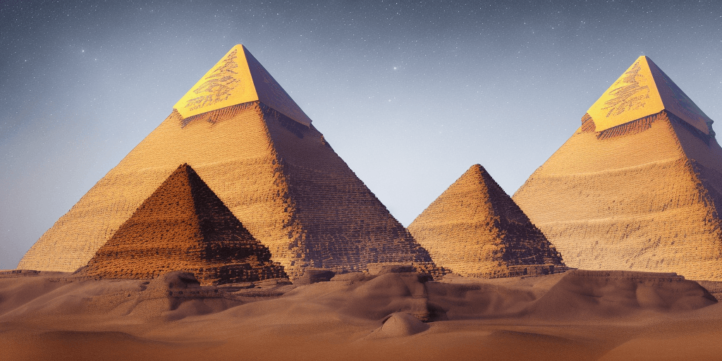 AI generated: A beautiful render of an egyptian pyramid with golden light radiating from the top, centered in fron...
