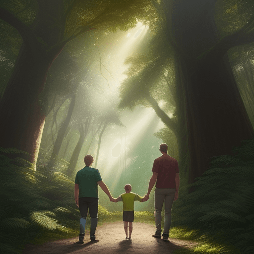 AI generated: Illustration of a colorful forest scene with towering trees and thick underbrush. Sunlight filters t...
