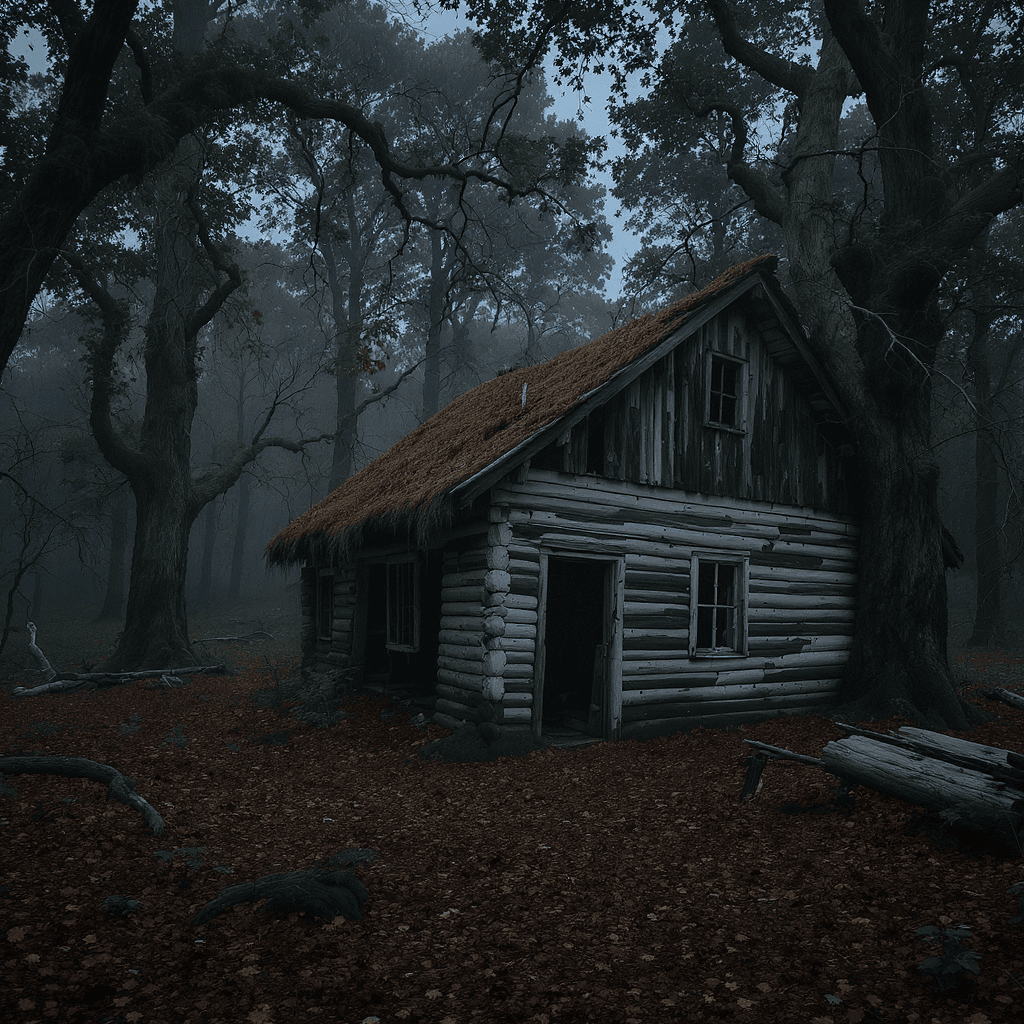 AI generated: Cabaña muy vieja y abandonada en medio de un bosque oscuro. La estructura es de madera podrida y tab...