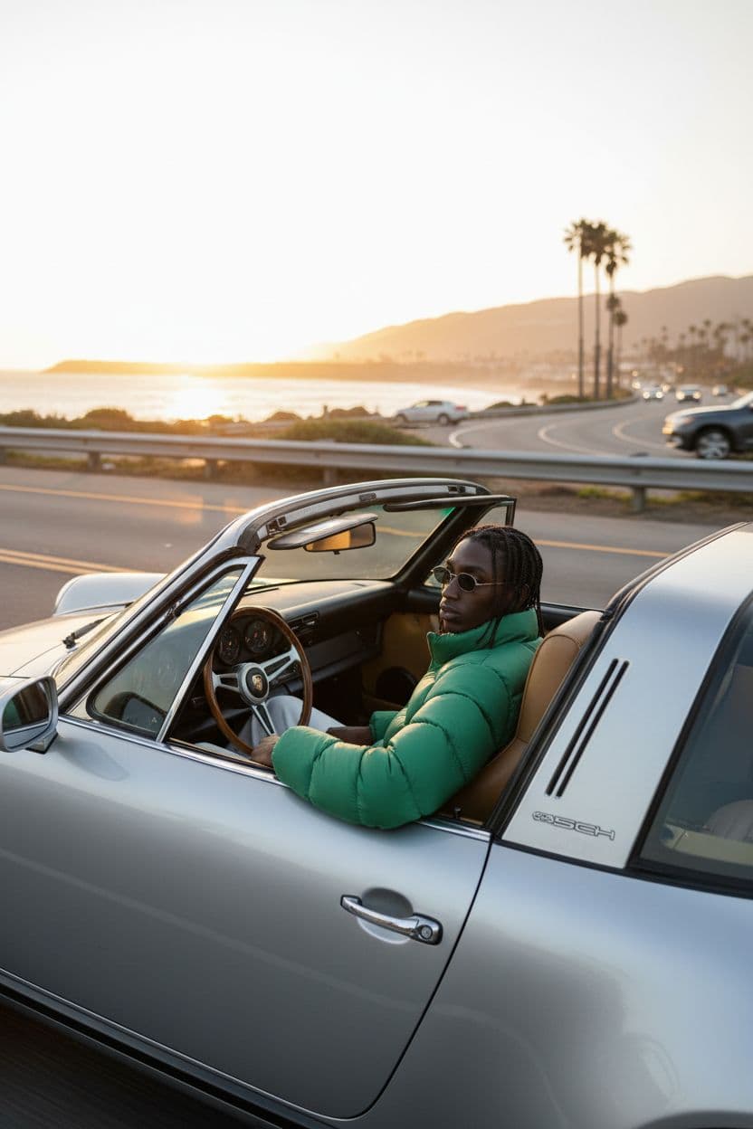 AI generated: Place the man driving a convertible Porsche.
