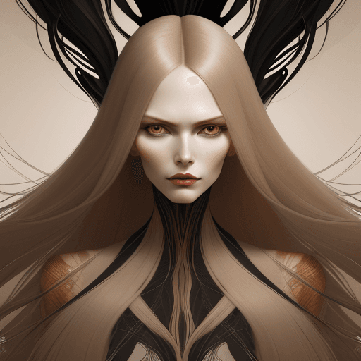 AI generated: illustration of a woman with long b hair, in the style of ingrid baars, scott campbell, dark beige a...
