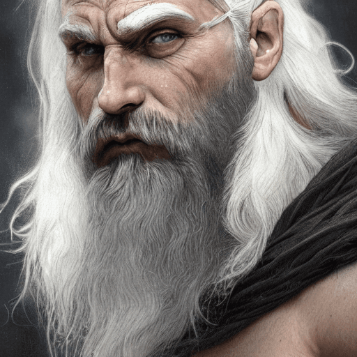 AI generated: painted portrait of rugged odin, god of war, norse god, white hair, masculine, mature, handsome, upp...