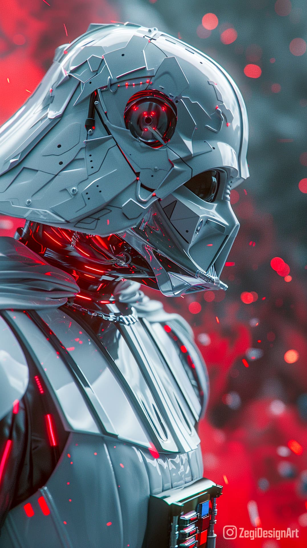 AI generated: Close up of futuristic Darth Vader in a white aerodynamic helmet with red accents. His armor is whit...