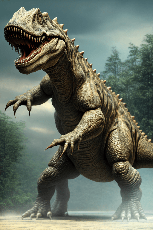 AI generated: titanosaurus, giant walking spinosaurus on hind legs, head of a newt, spinosaurus, large dorsal sail...
