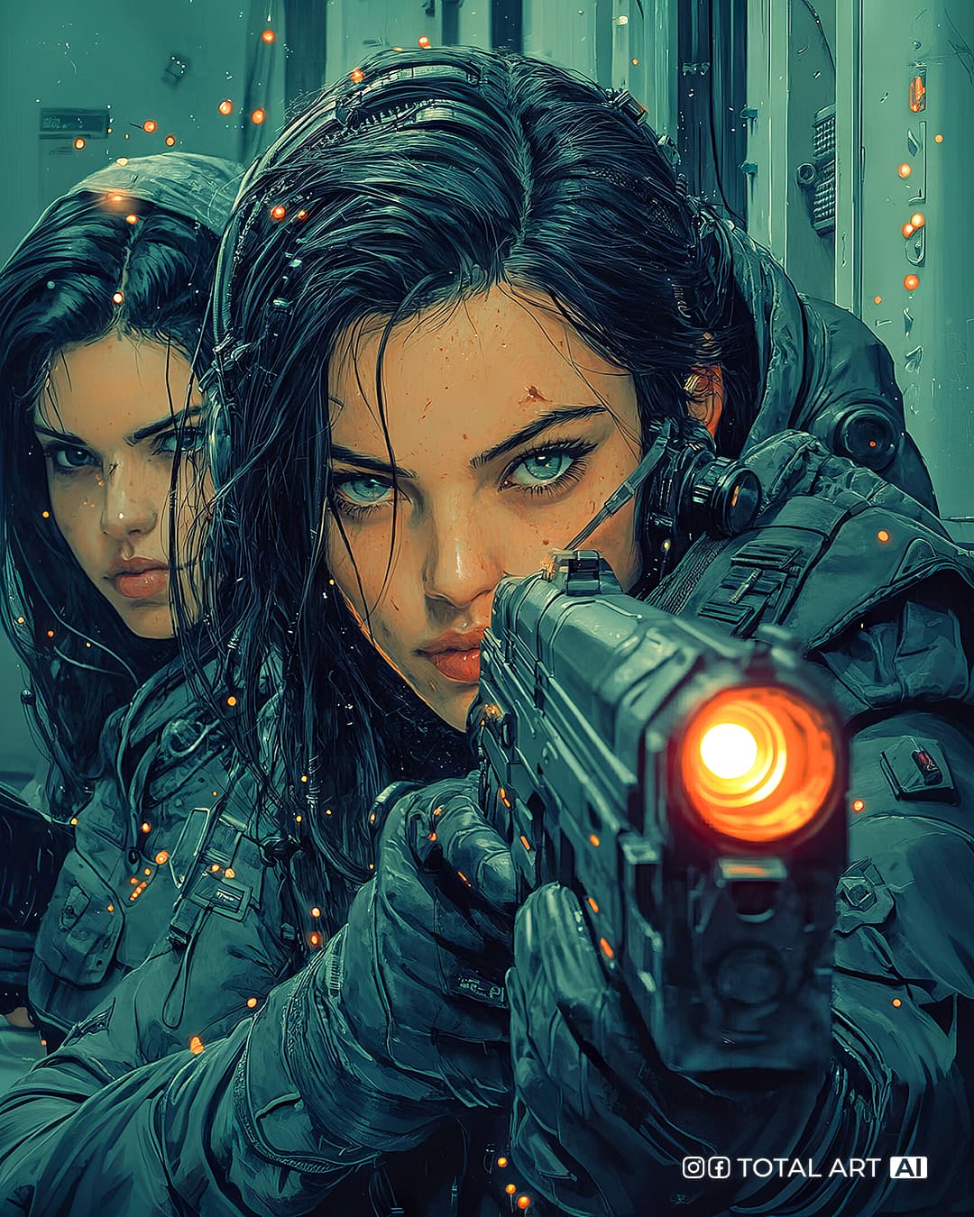AI generated: Full body shot of two cyberpunk European warrior women with guns at-the-ready aiming machine guns ::...