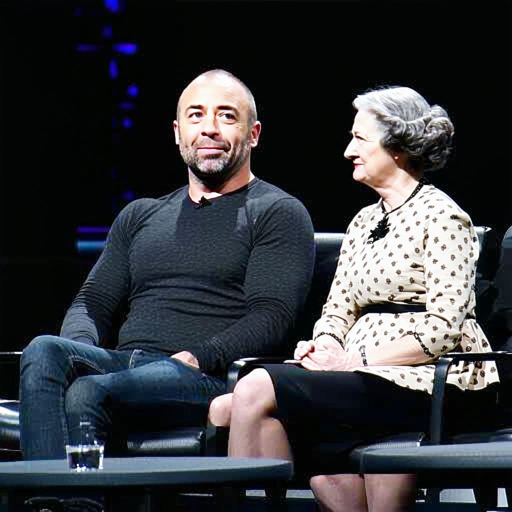 AI generated: Joe Rogan on a set with helen keller, miserable