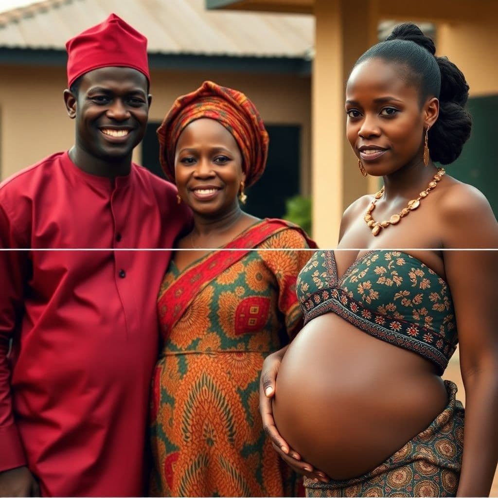 AI generated: Flashback scene. Miriam (Black African, deep brown skin) stands beside Chuka (Black African, medium ...