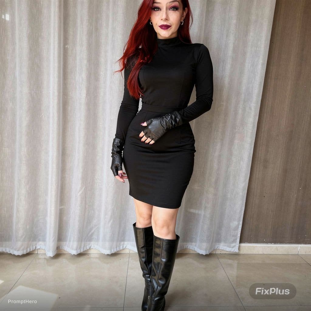 AI generated: Dressed in long gloves and revealing outfit with thigh high boots and glossy lipstick on 