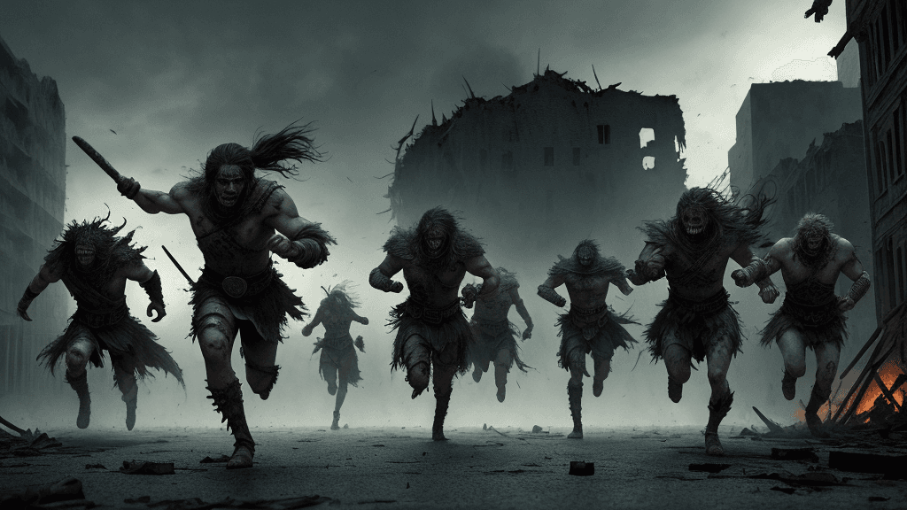 AI generated: Warriors wairing shields, running away from a ruined deserted city at night, action, horror, hysteri...