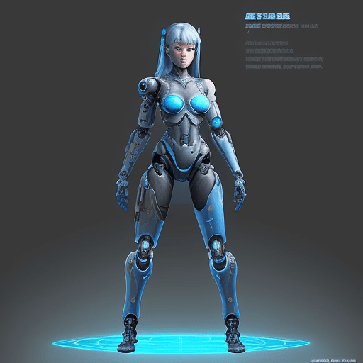 AI generated: a blue print of a set of a full body drawing of a futuristic cyborg girl with heavy weapons with wri...