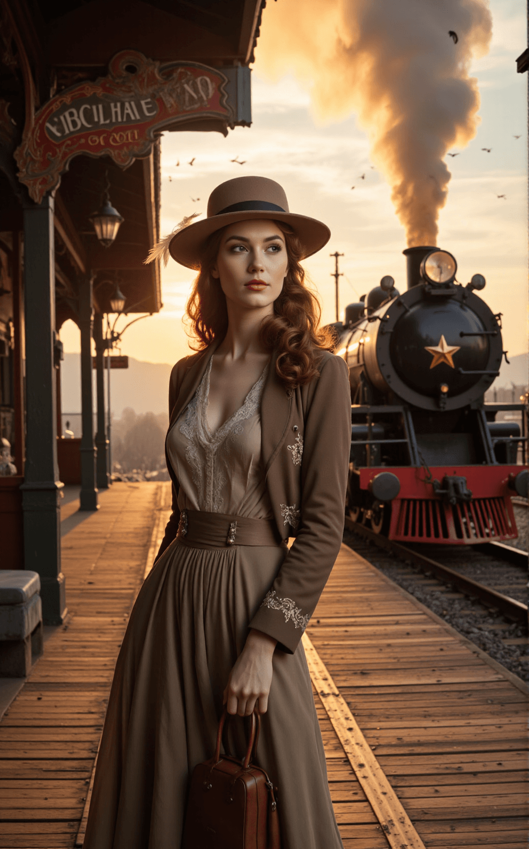 AI generated: A poised woman stands on a weathered wooden train depot platform, radiating timeless elegance. Her l...