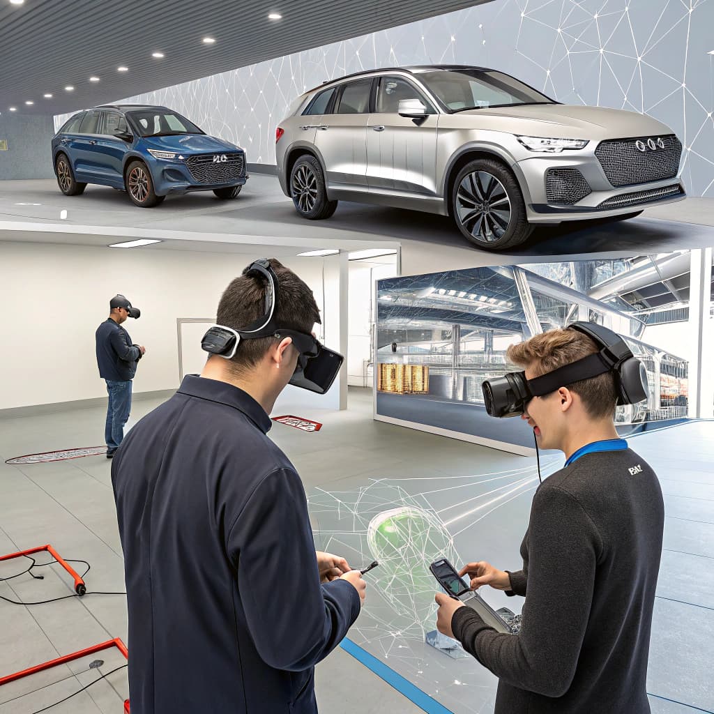 AI generated: a high-resolution image showing immersive 3D environments with virtual cars, engineers with VR heads...