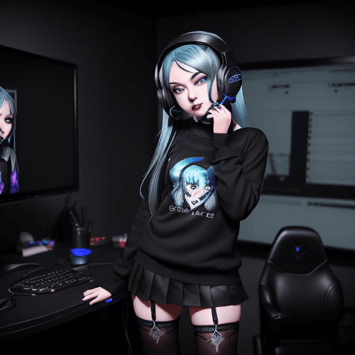 AI generated: Photo of a girl who is playing dota 2, she has blue hair, black eyes, wearing stockings, black short...