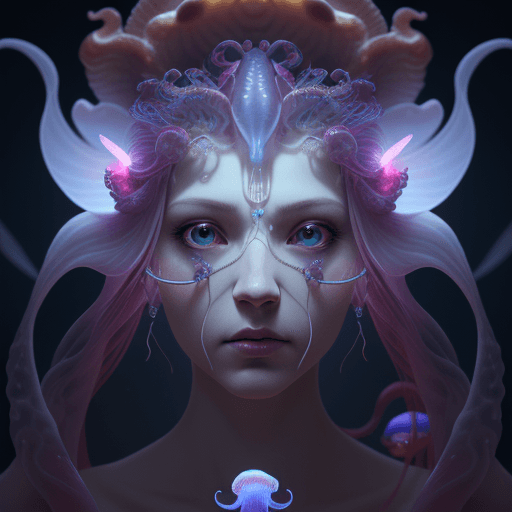 AI generated: Goddess close-up portrait ribcagel. jellyfish phoenix head, nautilus, orchid, skull, betta fish, bio...