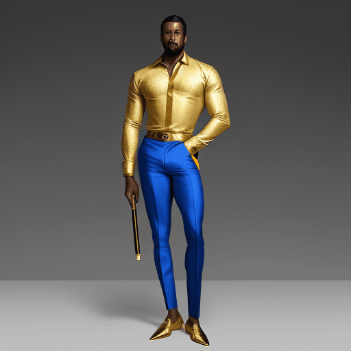 AI generated: A graphic of a standing blackman cradling a huge pencil dressed in a gold shirt with blue pants and ...