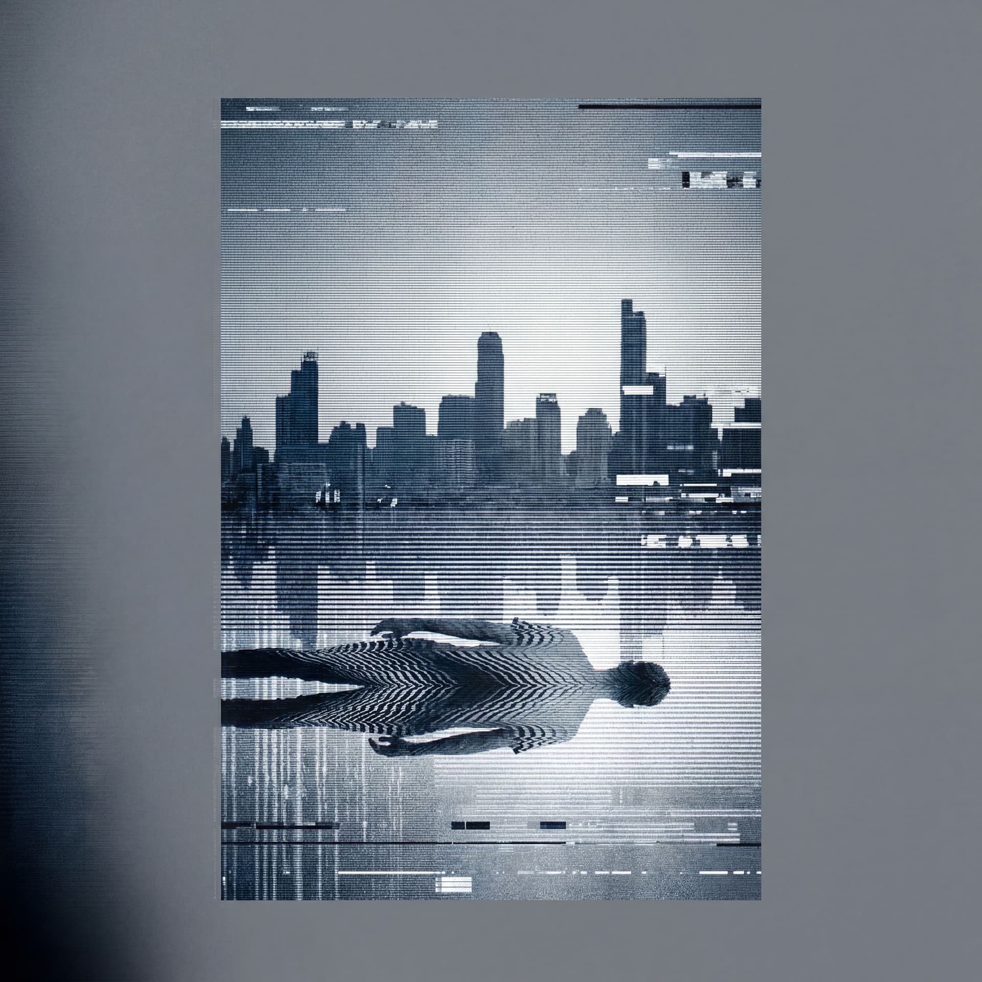 AI generated: glitch art with linear distortion, horizontal scan lines and digital interference, vertical portrait...