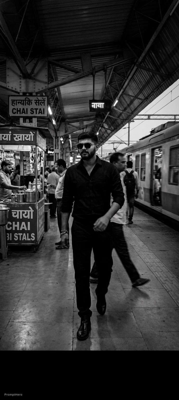AI generated: fashion editorial photography, motion blur, male model, wearing a all black outfit,walking in a indi...