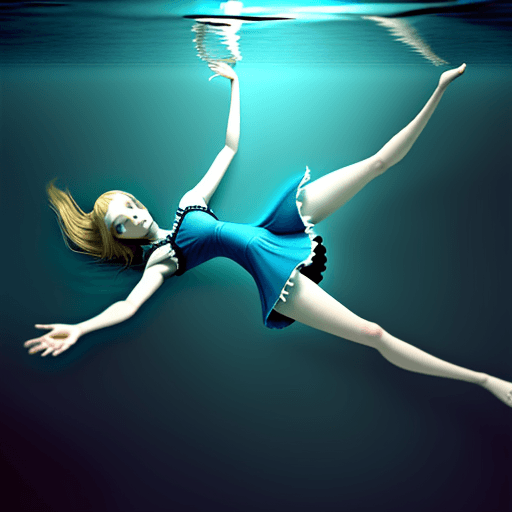 AI generated: alice floating horizontally under water.
realistic, not creepy
 arm pointing towards the surface