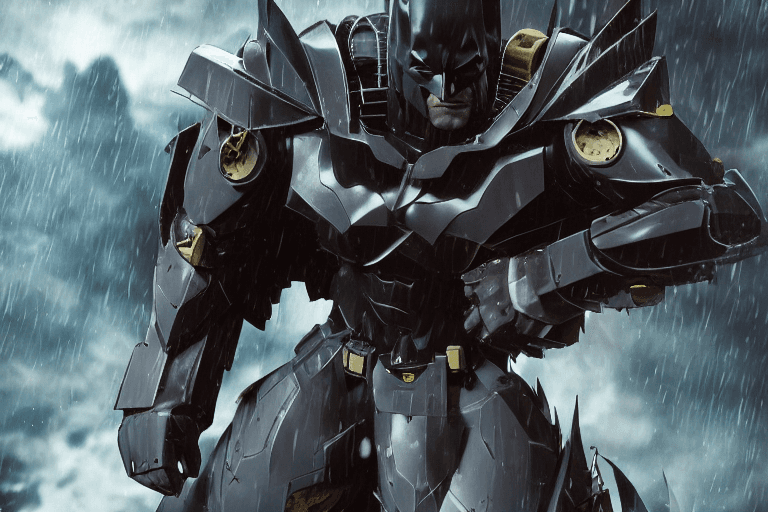 AI generated: batman wearing gundam armor| close up | water on face | brown eyes| brown beard |  battle damaged ar...