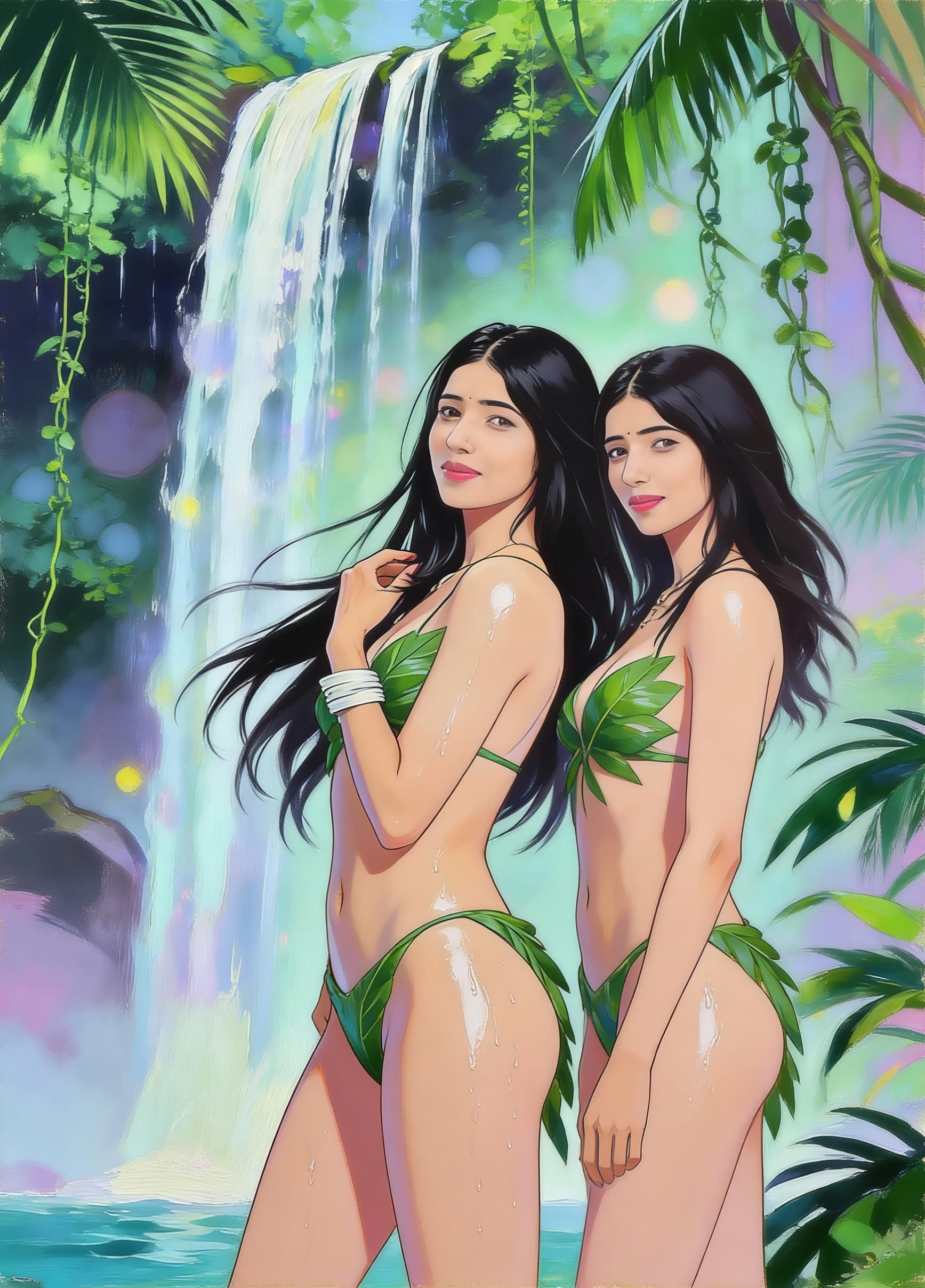 AI generated: Deep within a lush tropical rainforest, two women stand beside a cascading waterfall, bodies close a...