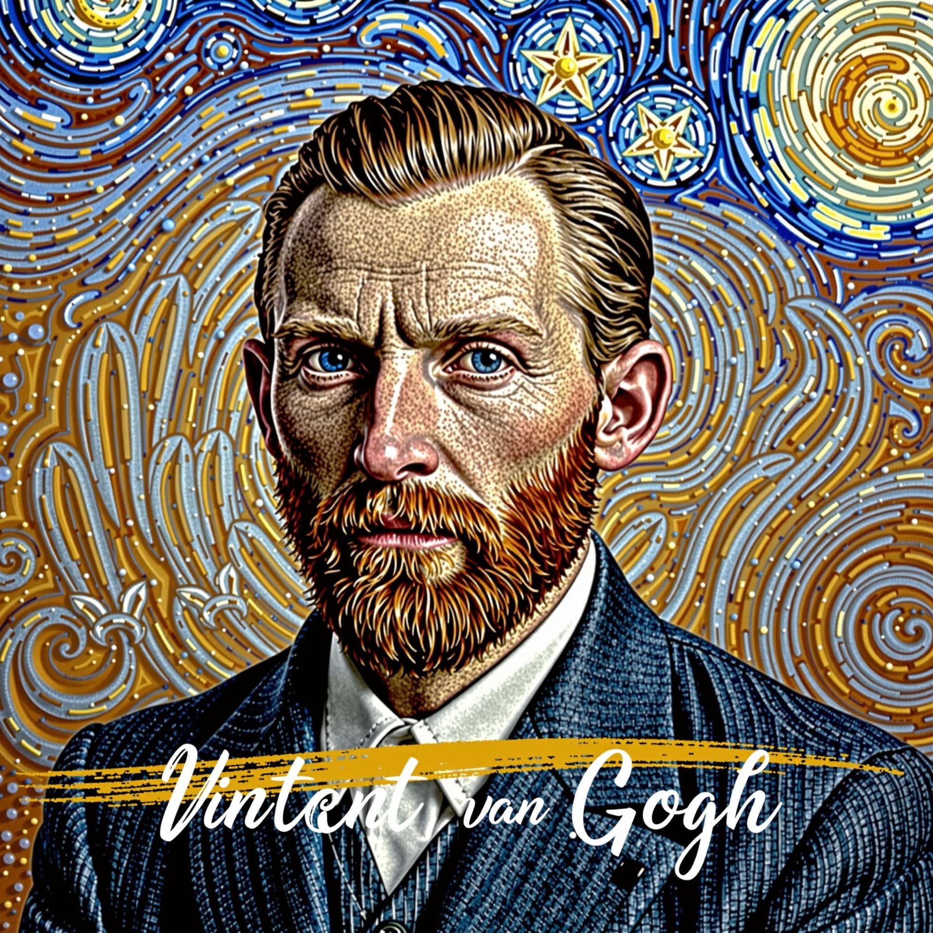 AI generated: "Hyperrealistic portrait interpretation of Vincent van Gogh. Positioned against a neutral, muted och...